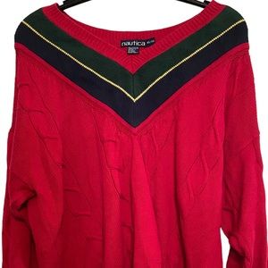 Nautica Vintage Cable-knit V-neck Pullover XL Oversize Sweater (Red)